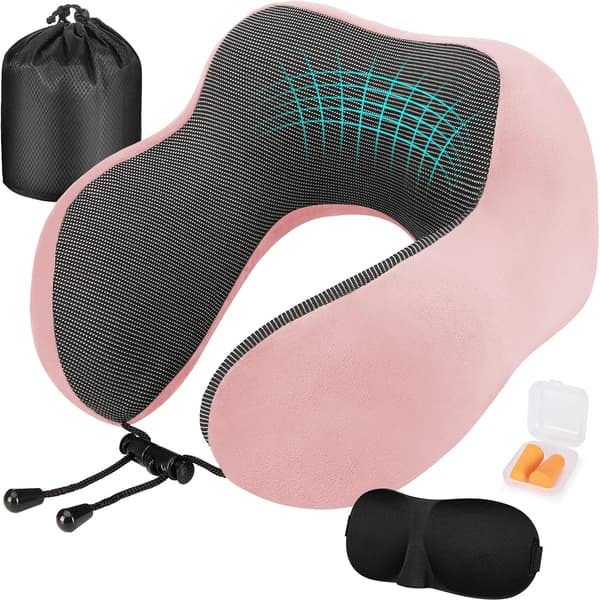 Justerbar Resekudde i Memory Foam med Öronproppar och Ögonmask Rosa för Flygplan och Bil