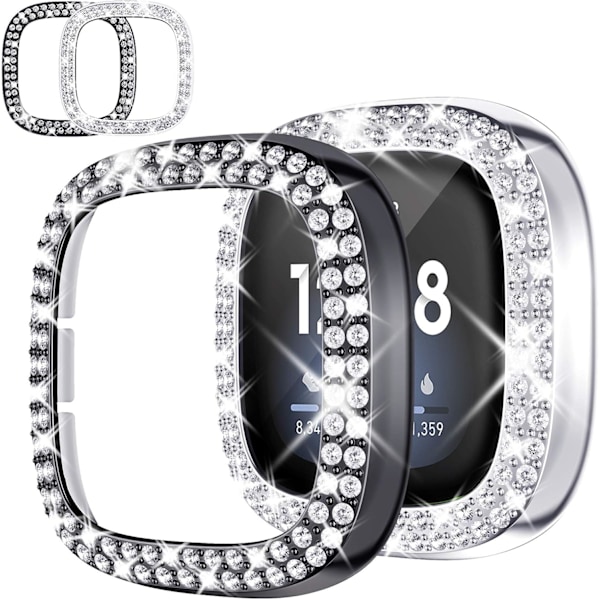 [2Pack] Kompatibel med Fitbit Versa 3 Fitbit Sense Bling Protect(BLACK/SILVER)