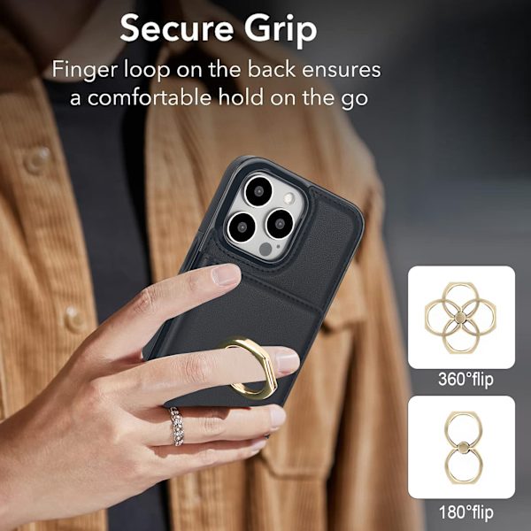 Folosu Kompatibelt med iPhone 13 Pro Plånboksfodral med Korthållare, 360° Roterande Fingerringhållare Stödfunktion Flip Stötsäker Svart