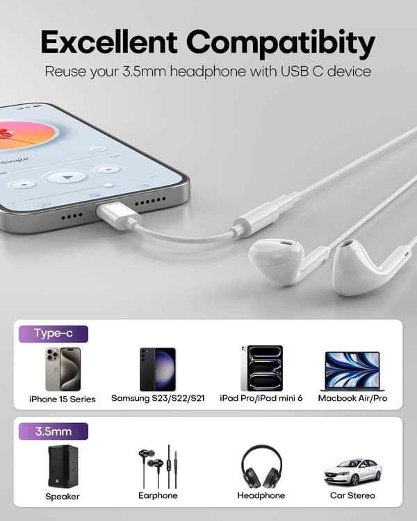 USB-C til 3,5 mm Jack Adapter 3-pak - Lydkabelstik til smartphones og tablets - Hvid