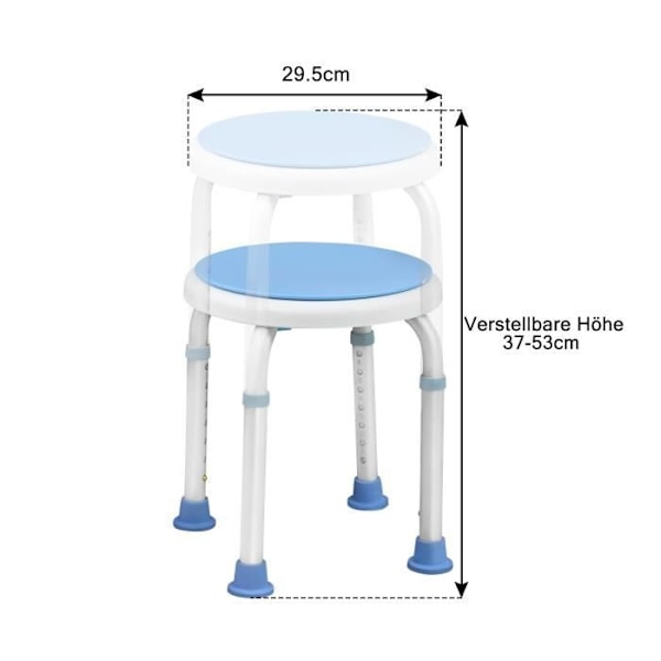 Aufun justerbar brusebadsskamle i aluminiumslegering, 360° drejeligt sæde, 30x30x37-57cm, sikker belastning: 136kg