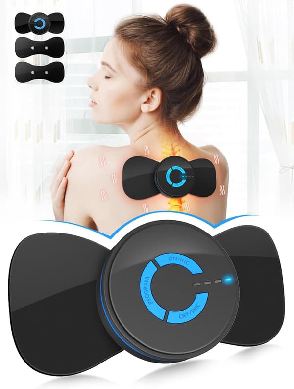Sort enhed med 2 puder, EMS mikrostrøm mini massager, lavfrekvent multifunktionelt fysioterapiinstrument, muskelstimulator