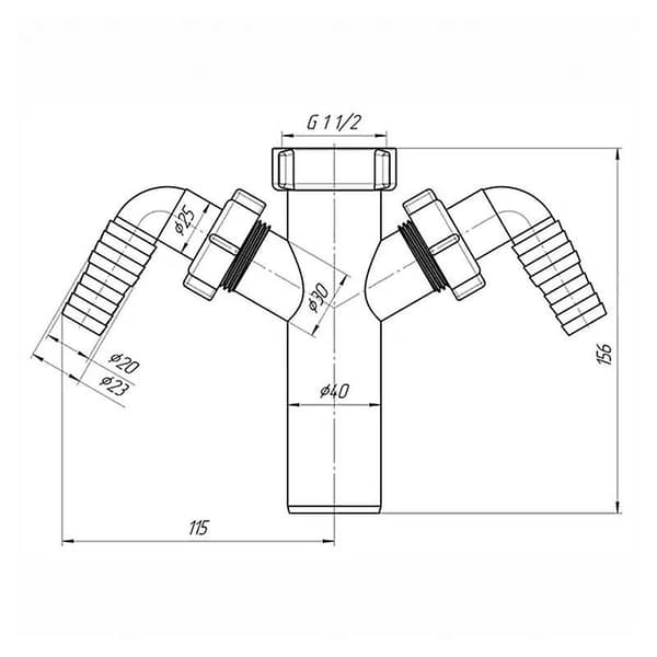 Afløbsrørsforbindelse med dobbelt opvaskemaskinetilslutning 1 1/2\" BSP x 40mm
