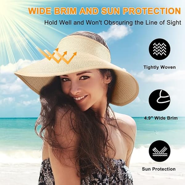 Foldbar bredskygget solhat i strå til kvinder sommer strand skulderfri solbeskyttelse beige