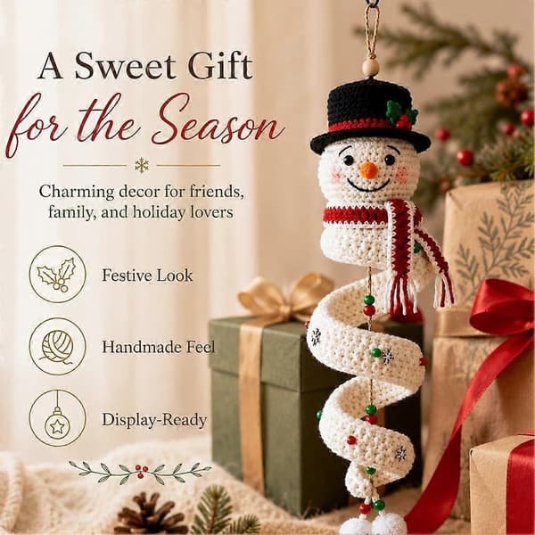 Crochet Snowman Spiral Hanging Ornament DIY Kit, Beginner Friendly Christmas Knitting Set with Tutorial, Handmade Holiday Wall Window Porch Decor A
