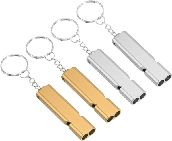 Nöd visselpipa 4-pack aluminiumlegering 120dB dubbelrörsdesign nyckelring överlevnadssäkerhetsvisselpipa silver guld