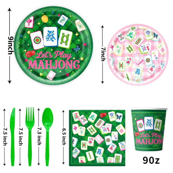 Mahjong-temafest Engangsservisesett med vimpelbanner, papptallerkener, kopper, servietter for bursdagsfeiring 4pcs