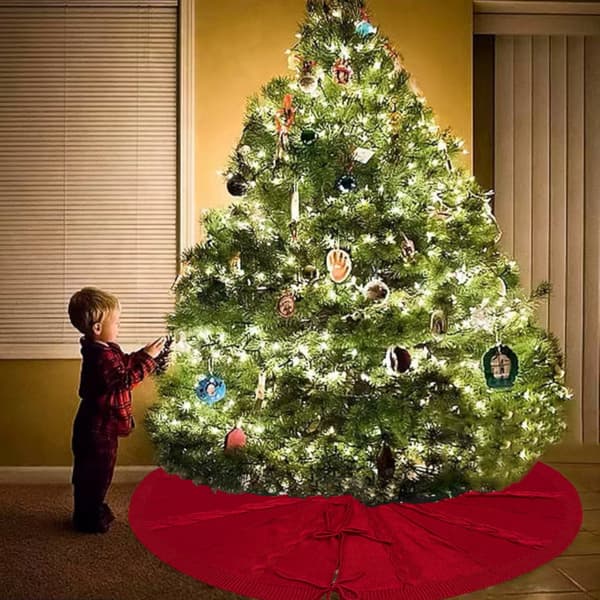 Julerød kabelstrikket juletrefot – Festlig heklet skjørt til julepynt 122cm/48 inches in diameter [Red]