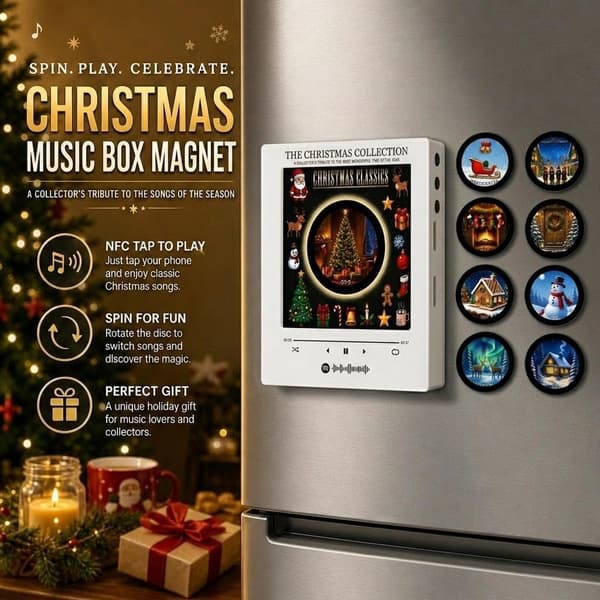 Christmas Vinyl Player Refrigerator Magnet with 9 NFC Discs, LED Lights, Retro Music Decor SNOWMAN
