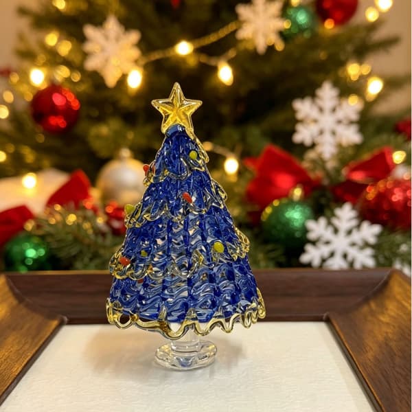 Handgjord julgransprydnad i borosilikatglas, bordsdekoration 8,5 cm Blue White