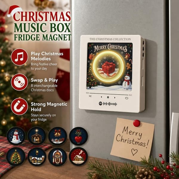 Christmas Vinyl Player Refrigerator Magnet with 9 NFC Discs, LED Lights, Retro Music Decor SNOWMAN