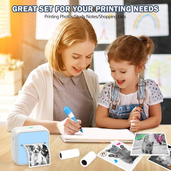 Kompatibel med Mini lommeskriver for iPhone/Android, bærbar termisk skriver med 5 ruller ikke-klebende papir, Bluetooth for notater