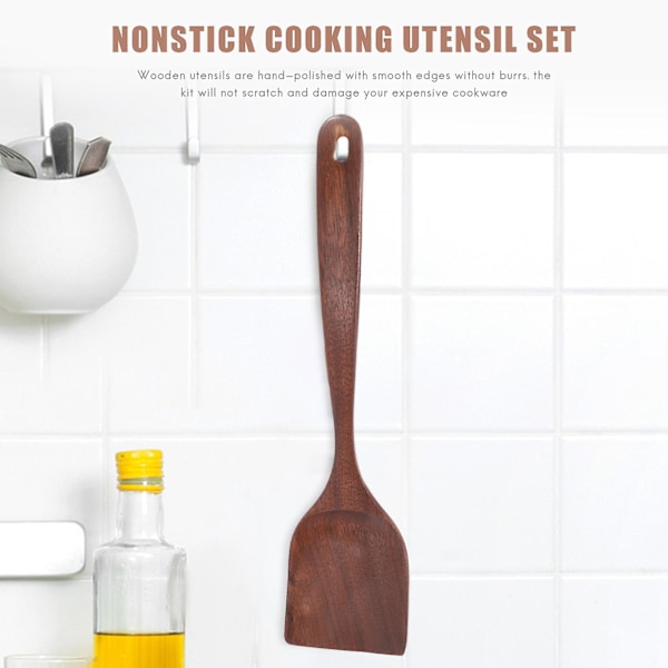7-delad Köksredskapssats i Trä, Träsked, Svart Valnöt Träskedar, Stekspade, Visp [dB} Black walnut color