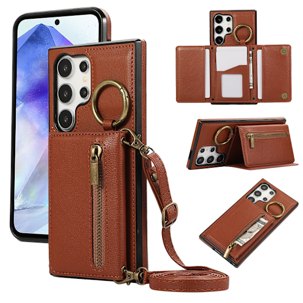 S20Ultra dragkedja crossbody korthållare för Samsung brown