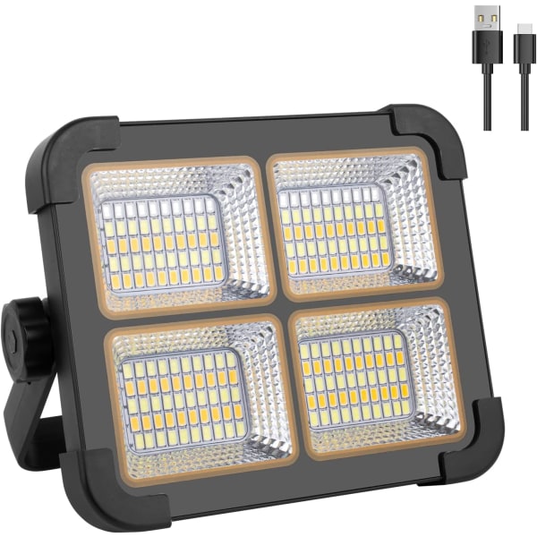 Uppladdningsbar LED-strålkastare, 80W byggplatslampa, bärbar arbetslampa 200 lysdioder/solpanel/4 ljuslägen/6000mAh externt batteri, I