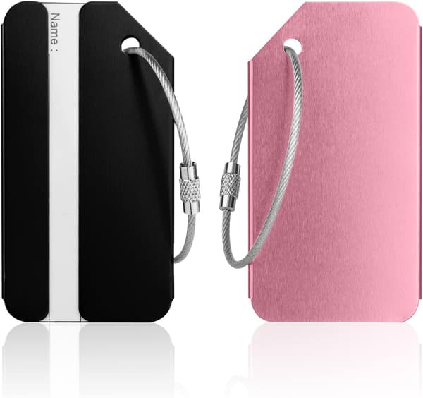 2-pack bagageetiketter i aluminium för resväskor - Svarta och rosa ID-etiketter för resväskor