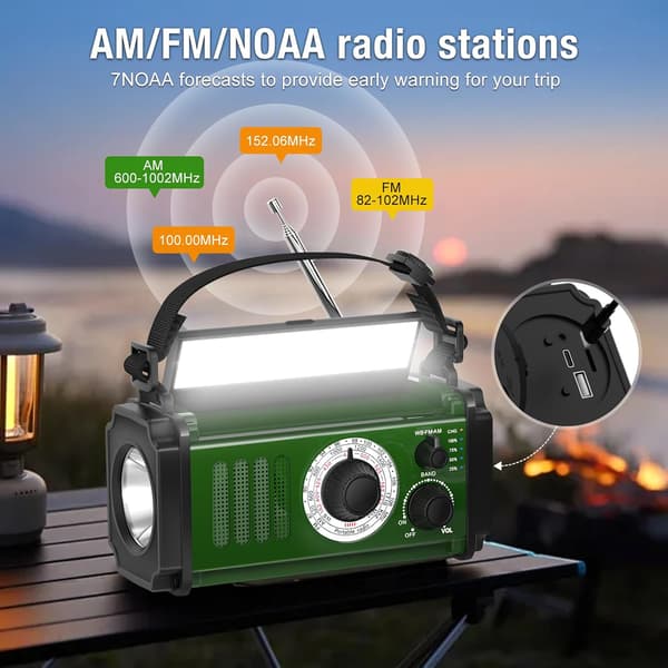 Nødradio 10000mWh Sveivradio Solenergi NOAA AM FM Vær 4 Lademetoder Polymerbatteri Lommelykt og Leselys SOS