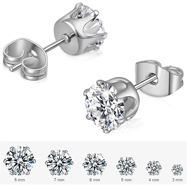 Par Ørepyntsett, 316L Rustfritt Stål Klar Cubic Zirconia Ørepynt For Kvinner Menn 3-8mm