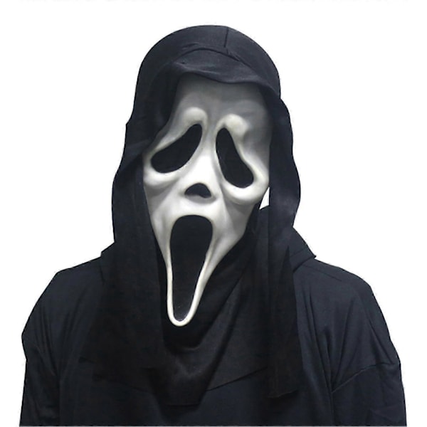 Scream Maske med Sort Hætte Spøgelse Ansigt Halloween Maskerade Tilbehør