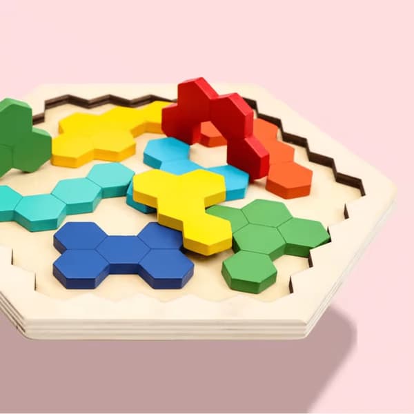 Farverigt sekskantet træpuslespil til børn Hexagon Puzzle