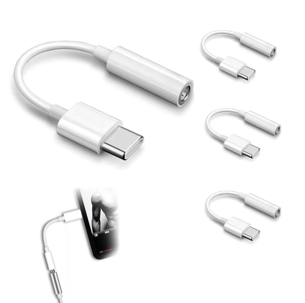 USB-C til 3,5 mm Jack Adapter 3-pakning - Lydkabelkontakt for smarttelefoner og nettbrett - Hvit