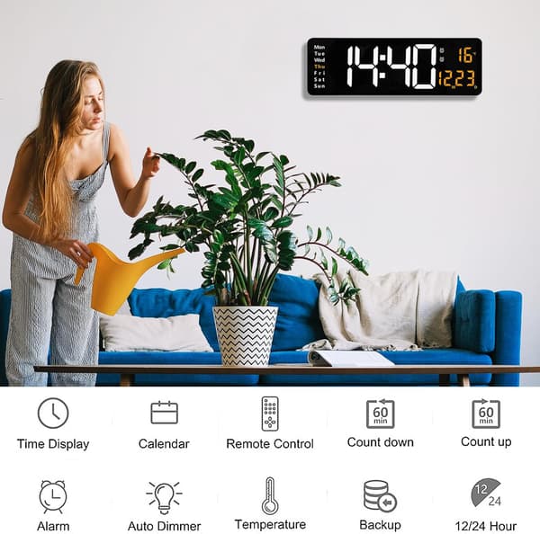 Stor digital väggklocka med fjärrkontroll 16 tum LED väckarklocka med stor display och datum dag temperatur timer för hem sovrum