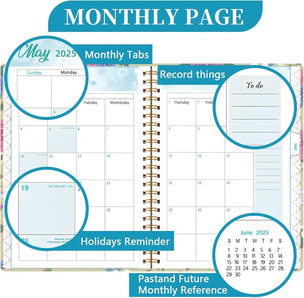 2025 Ugentlig og Månedlig Planlægger A5 Størrelse Blomsterdesign Med Kalender og Organizer