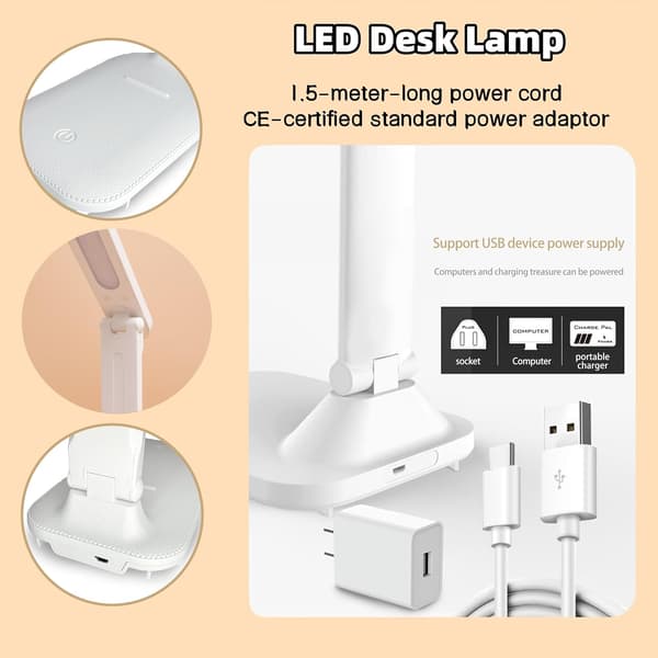 Hvit LED-bordlampe dimbar leselampe 3 lysmoduser øyebeskyttelse bordlampe kontortilbehør bordlampe med USB-lader egnet