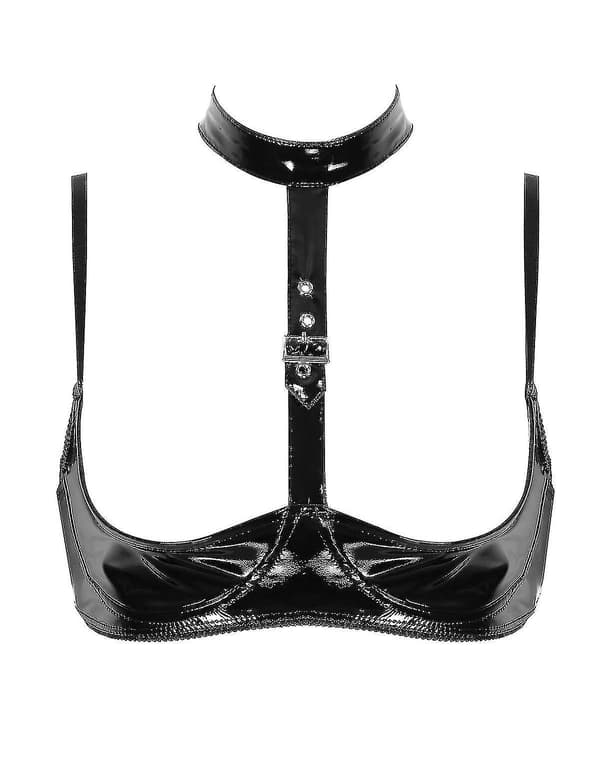 Dame Wet Look Patent Leather Undertøy Halter Neck Justerbar Sp