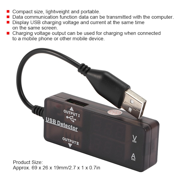 Bærbar USB Biloplader Spænding Strøm Tester Detektor Digital Display Indikator Rød Blå