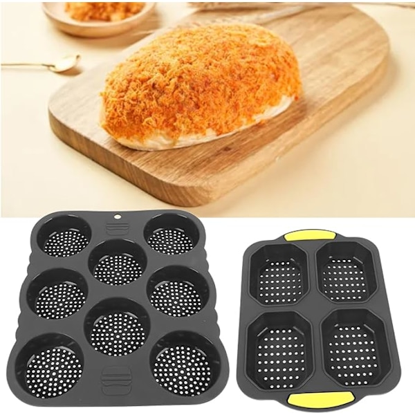 Fockety 8+4 Hull Hamburgerbrød Silikonform, Perforert Non-stick Hamburgerbrødform Rund Bakebrett med Holder Brødbaker for Baking
