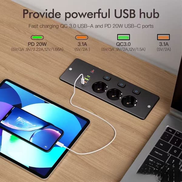 Uttrekkbar skrivebordsstrømskinne med 3 AC-uttak, USB-C og 4 USB-porter, hurtiglading white