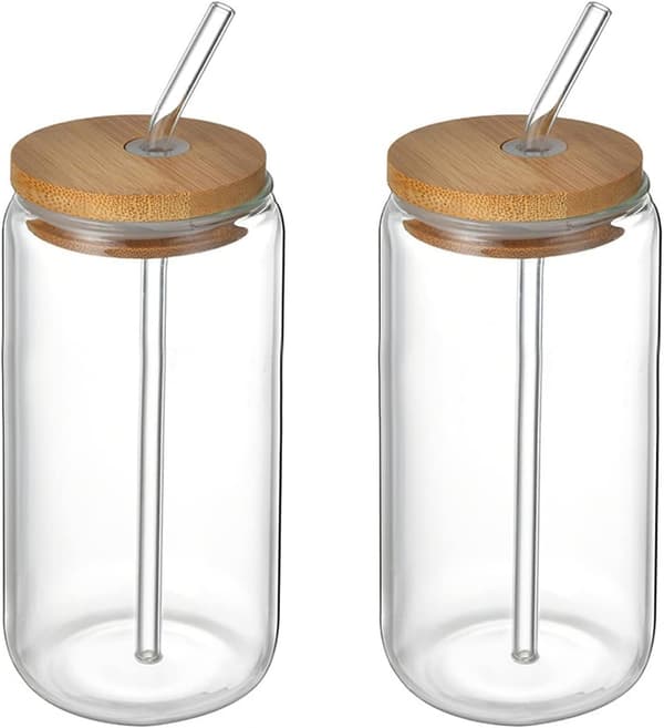 2 st dricksglas med bambulock och sugrör, ölburk iskaffe mugg för mjölk kaffe isvatten cocktail (500ml)