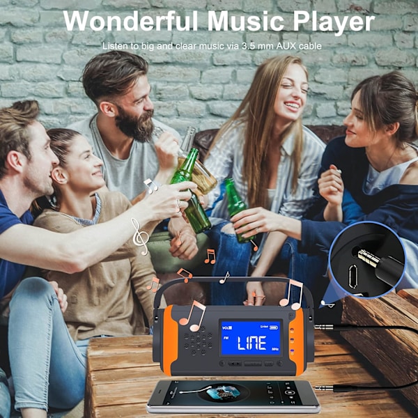 Solradio, nödradio med handvev AM FM-radio med stark ficklampa, SOS-larm, AUX-musikspelare