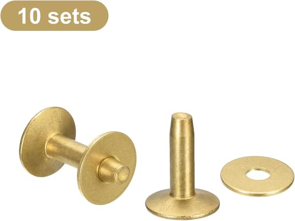 10 Sett Messingnitter og Burrer, 9x3.3x14mm Solide Messingnitter for Lær DIY Håndverk Tilbehør, Gullfarget