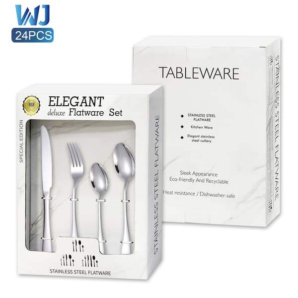 24-dele bestiksæt i rustfrit stål med steakknive og gaveæske med vindue, dessertske og gaffel [24pcs] Silver