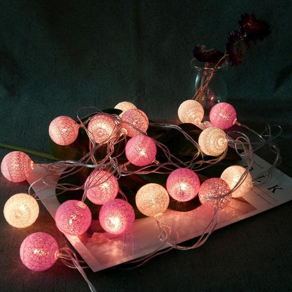 EU-plugg 220V 3,7m 20 bomullsballer LED lyslenke jul innendørs nattlys rosa
