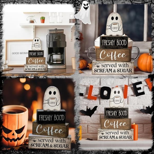 4-pack Halloween Bordsdekoration - Kaffespöke Träskyltar Tiered Tray Dekor