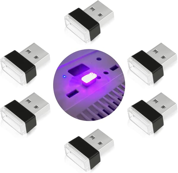 6-pak USB bil ambient belysningsstrips Monokrome LED interiørlys til biler Laptops USB-porte Natlysindretning med 5V plug-in adapter
