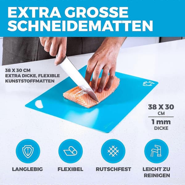 25-26 Extra tjocka flexibla skärbrädor i plast med matsymboler, våfflad baksida, diskmaskinssäkra, 6-pack