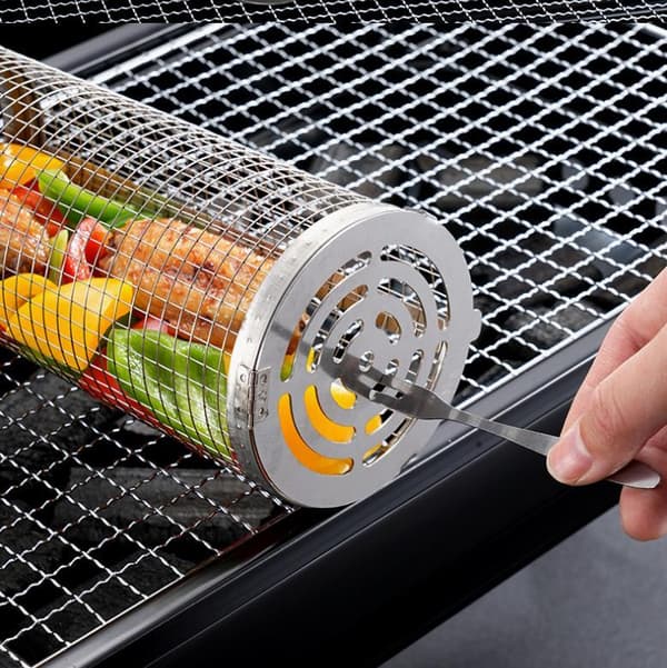 2-pak grillkurv i rustfrit stål med 2 kroge og 2 gafler, rullegrill