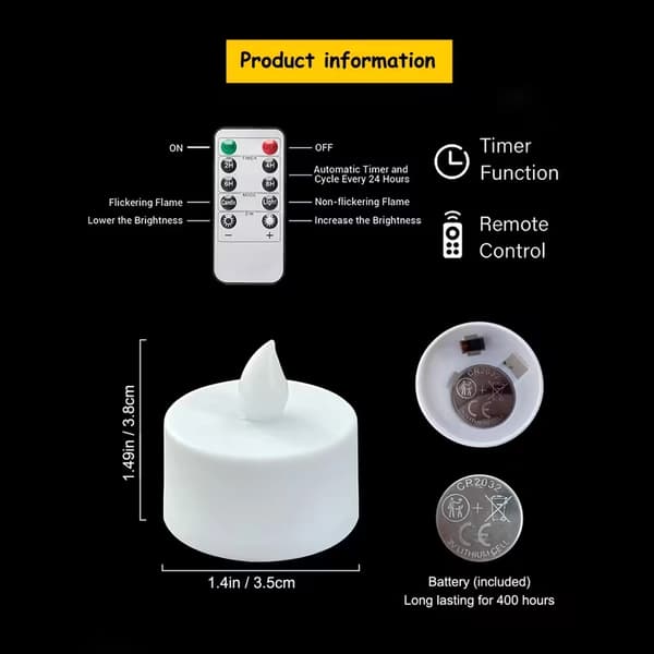 Flammefrie LED telys med fjernkontroll og timer for hjemmeinnredning og bryllup 6-pack Remote