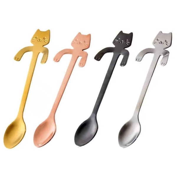 4 stk Kat Kaffe Teskeer, Mini Katte Skeer 4 Farver Rustfrit Stål Små Skeer til Dessert Kaffe Te Drikke Blandning