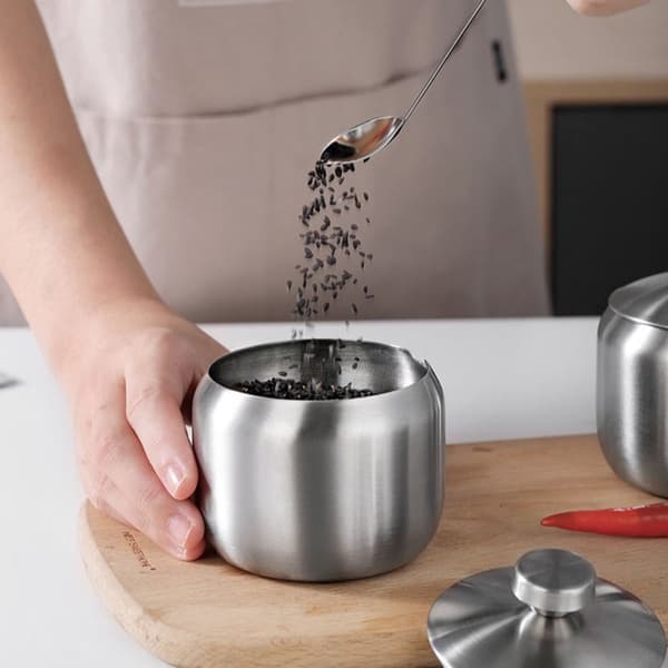 Sukkerskål i rustfrit stål, 2 stk. med låg og ske, til salt, sukker, kaffe, te, krydderier