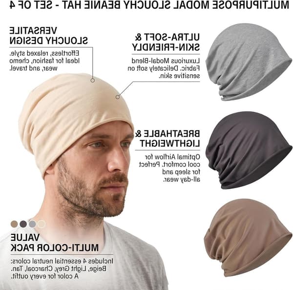 Slouchy lue 4 stk tynn bomulls sovehette for cellegift, pustende elastisk unisex daglig sport