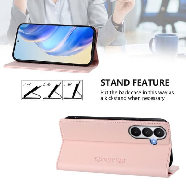 Samsung Galaxy S26 5G Case with Double Foldable Magnetic Suction Function in RFID Leather Rosa