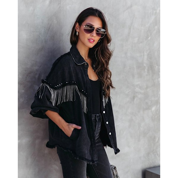 Avslappet denimjakke med frynser for kvinner Svart Svart Black XL