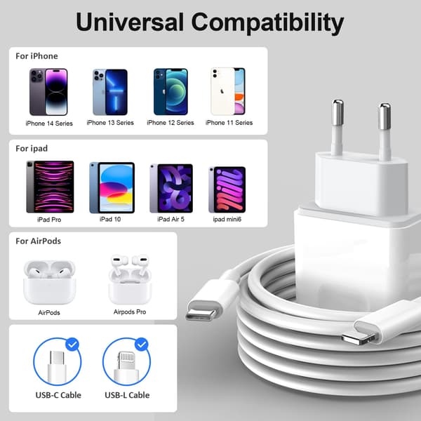 20W USB-C Hurtigoplader til iPhone 15/14/13/12/11 med 2M Kabel[ZHE]