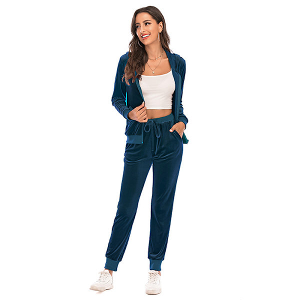 Träningsset för Kvinnor 2-delat Velour Sweat Outfits BLÅ BLUE M