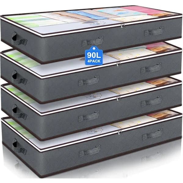 4-pakning Sengoppbevaring, 90L Stor Oppbevaringsboks med Lokk for Under Sengen, Grå